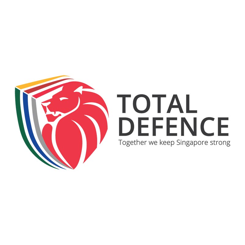 This logo features the lion with a protective force-field, made up of the six pillars of Total Defence. The force-field doubles as an arrowed shield pointing towards the horizon; suggesting an accelerated movement towards a safe, promising future.