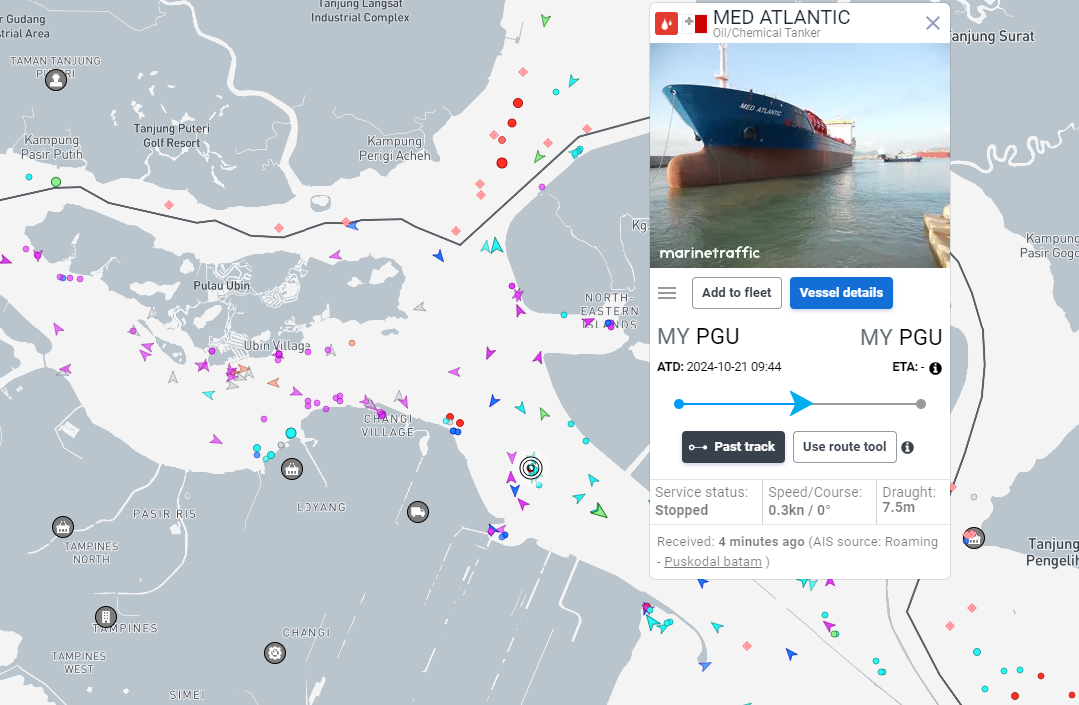 According to ship-tracking platform MarineTraffic, the Med Atlatic's position was last tracked (east) off Changi Village.