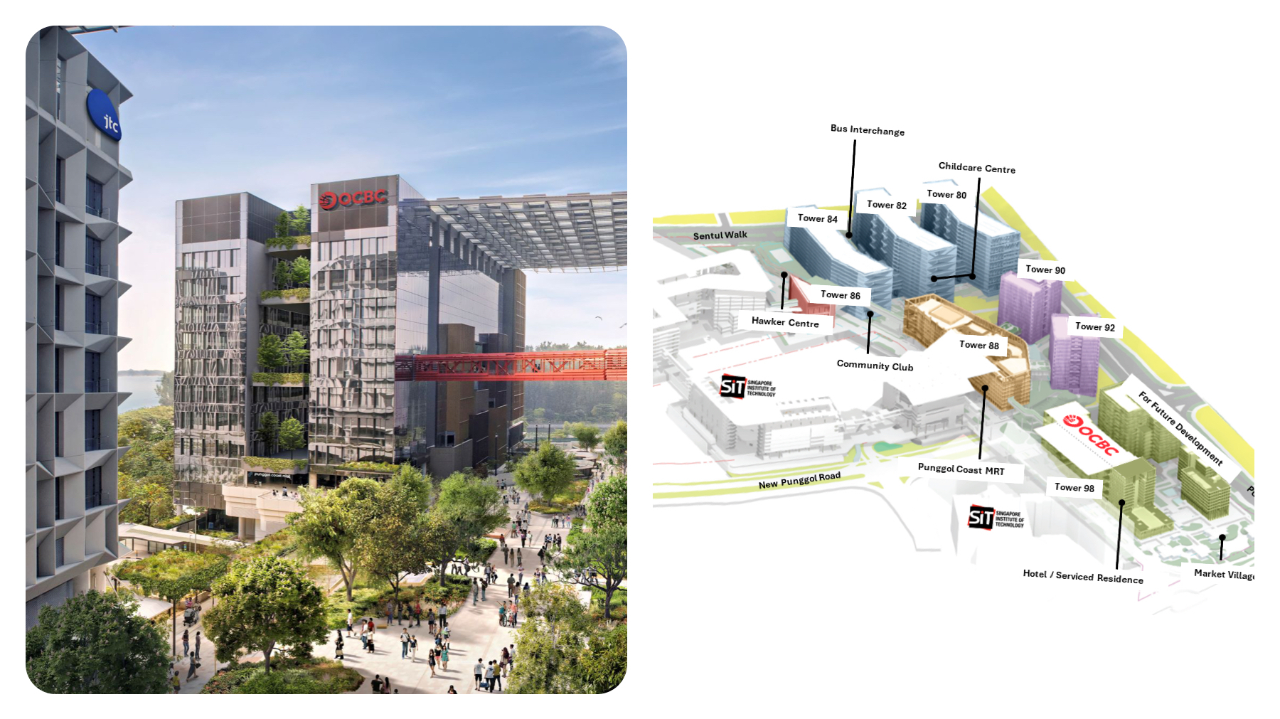 Artist impression of OCBC Punggol and layout of the Punggol Digital District. 