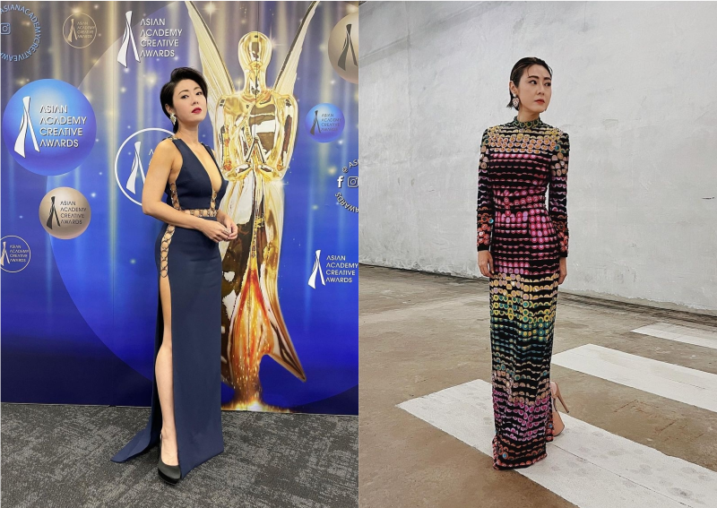 Cynthia Koh covered it up at Star Awards 2022 (right) after donning a revealing outfit (left) at the Asian Academy Creative Awards in December 2021.