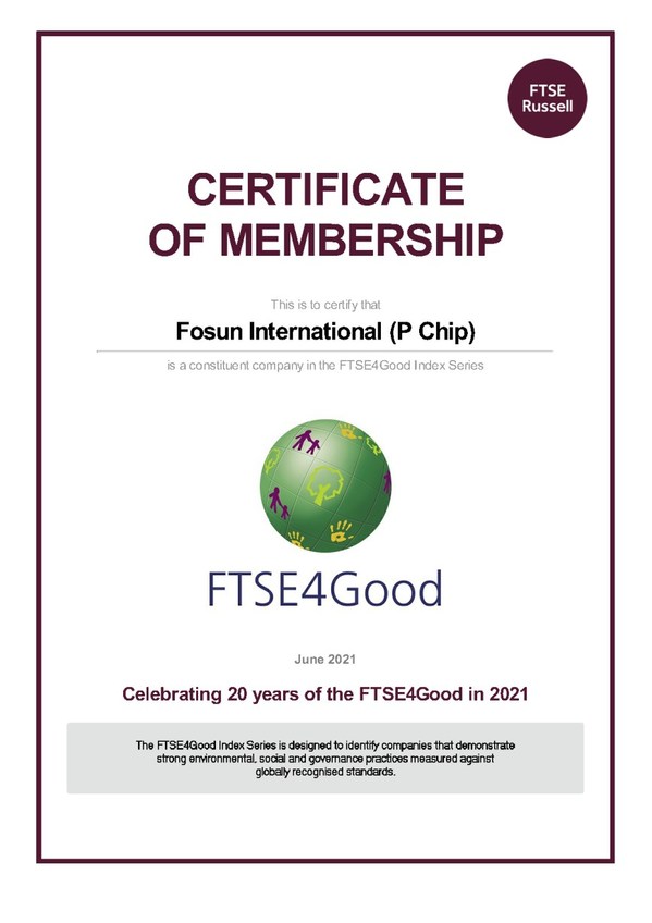 Fosun International's FTSE Russell ESG Rating Upgraded and Firsttime Constituent of